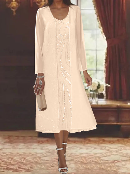 Sheath/Column V-Neck Long Sleeves Tea-Length Mother of the Bride Dresses with Jacket & Sequins