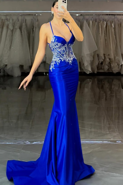 Royal Blue Spaghetti-Straps Mermaid Appliques Stunning Prom Dress ZT0587