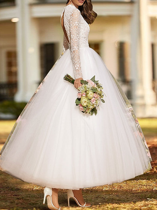 Ball Gown Lace Satin Tulle Scoop Long Sleeve Ankle Length Appliques Solid Color Wedding Dress