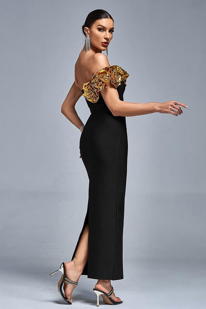 edgynewlook Stunning Black Satin One Shoulder Strapless Mermaid Prom Dress with Ruffles