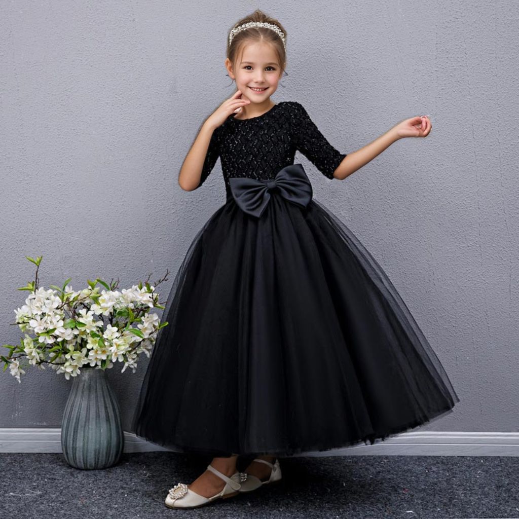 Floor Length Half Sleeves Round Neck A-Line/Princess Girl Party Dress with Bow