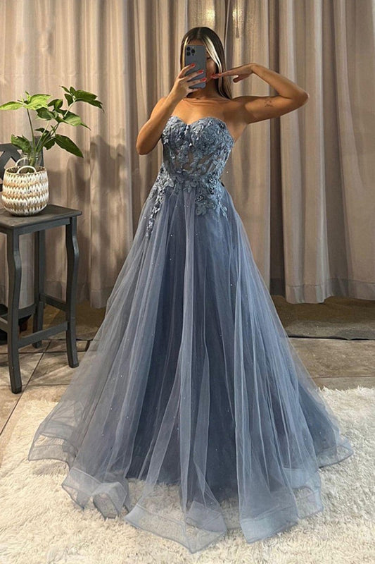 Long Prom Dress A Line Sweetheart Appliques Tulle Beadings YL0035