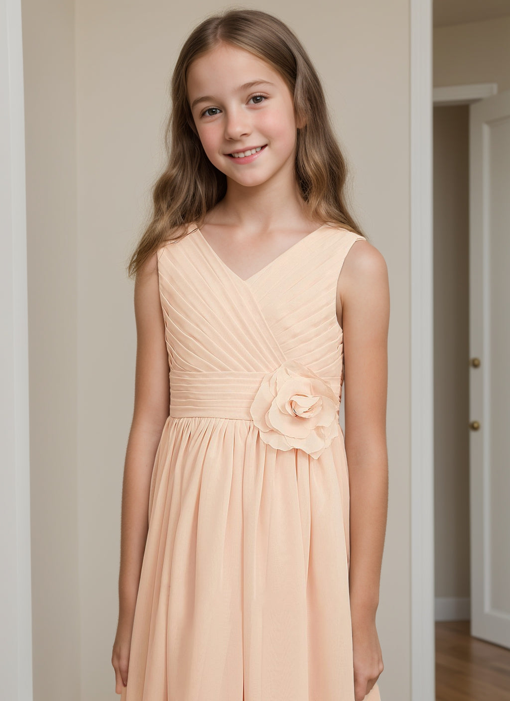 A-line V-Neck Asymmetrical Pleated Chiffon Junior Bridesmaid Dress With Flower