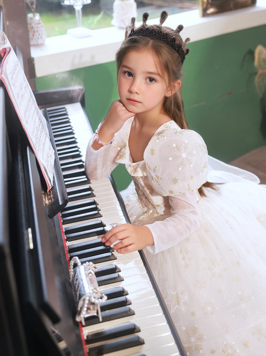 Square Neck Long Sleeves Ball Gown Layered Flower Girl Dresses with Appliques