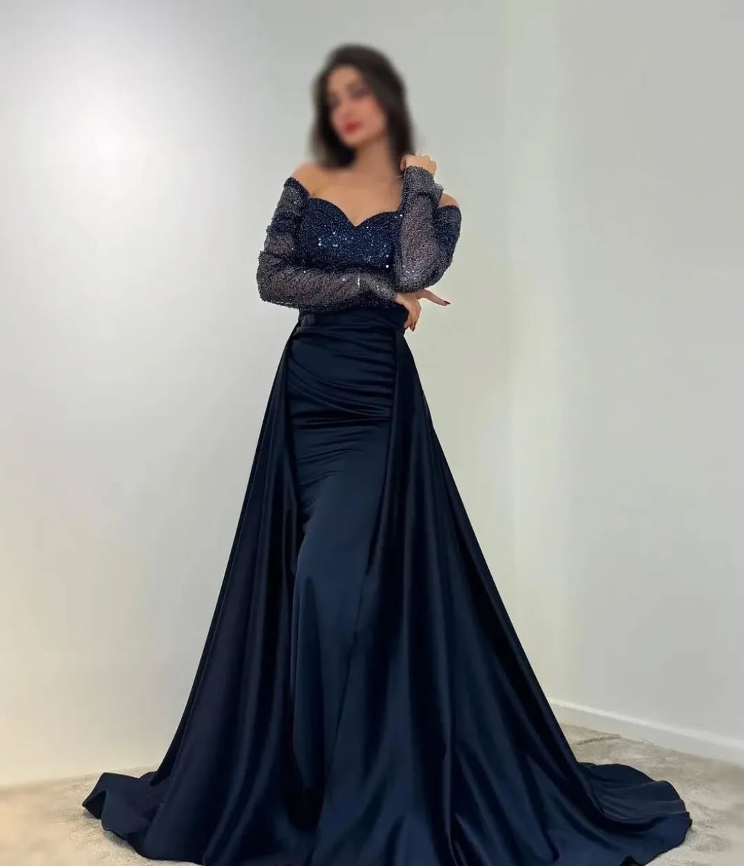 Dark Navy Off-The-Shoulder Sequins Long Sleeves Prom Dress ZT0516