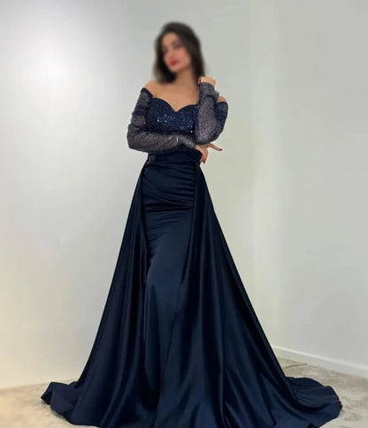 Dark Navy Off-The-Shoulder Sequins Long Sleeves Prom Dress ZT0516