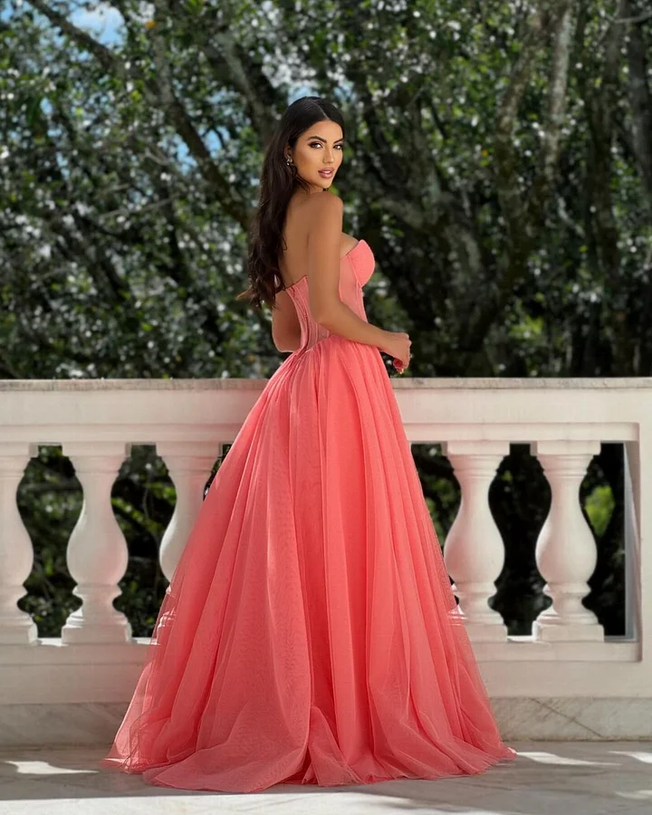 Watermelon Sweetheart Neckline Strapless Tulle Split Prom Dress ZT0098