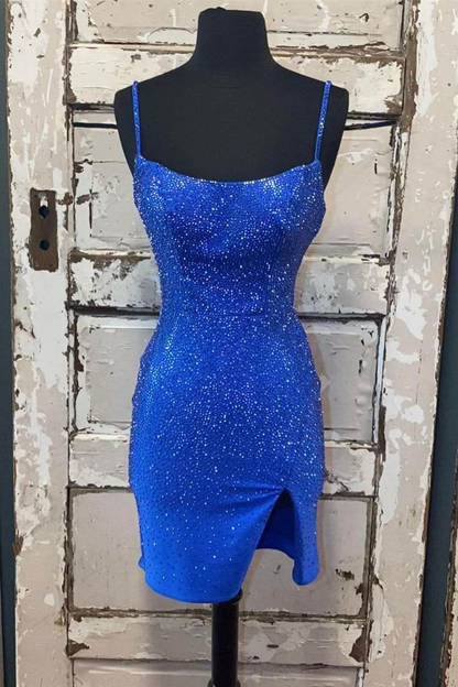 Beaded Light Blue Bodycon Party Dress with Slitgh1193