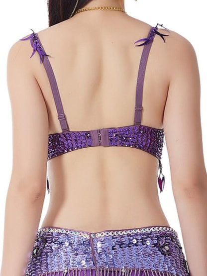 Belly Dancewear Chili Pepper Tassel Sleeveless Bra with Sequins & Beading