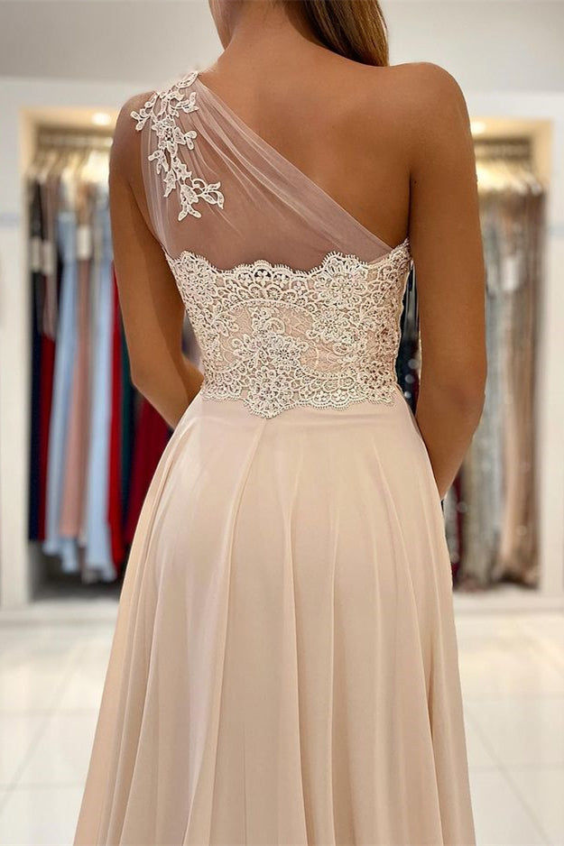 One Shoulder Lace Appliques Prom Dress With Slit PD0425