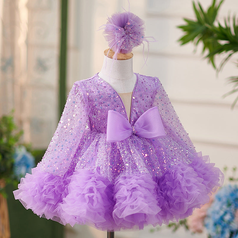 Lilac Sequin Ruffled Long Sleeves Bowknot Knee-length Baby Girl Dress