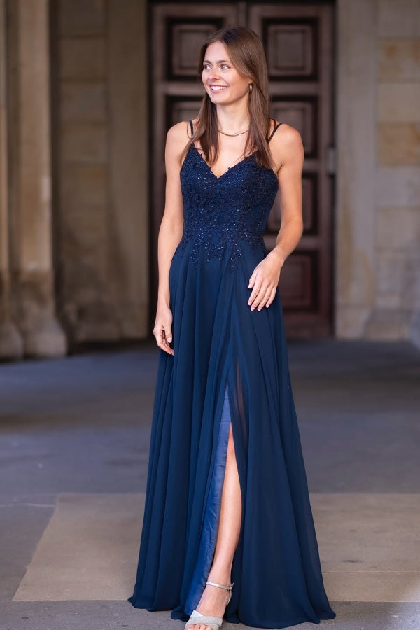 Dark Navy Chiffon Split Appliques Prom Dress ZT0520