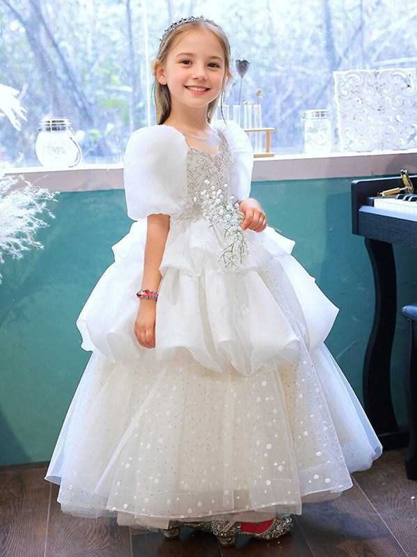 Round Neck Rushed Floor-Length Flower Girl Dresses with  Appliques