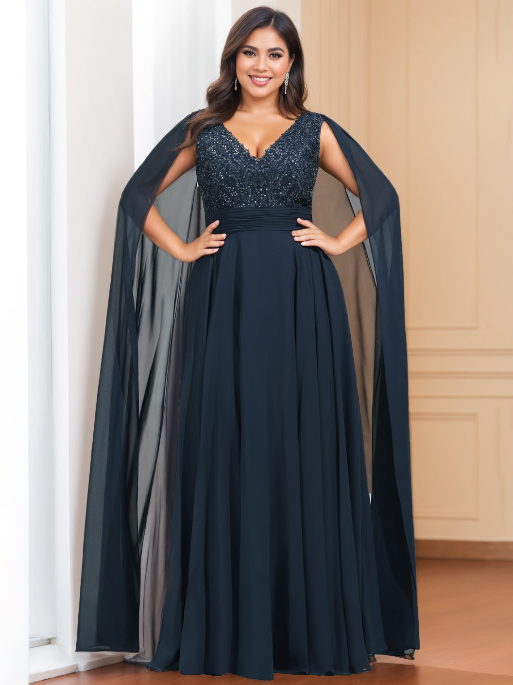 A-Line/Princess V-Neck Sleeveless Floor length Plus Size Mother of the Bride Dresses with Sequins & Watteau Train