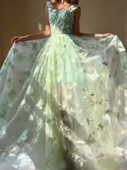 A-Line/Princess Green Spaghetti Straps Sleeveless Floor-Length Evening Dresses with Embroidery