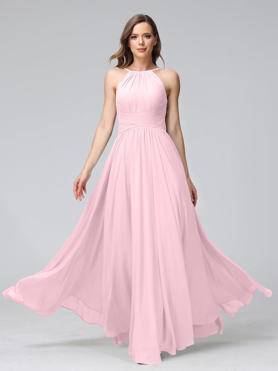 A-Line/Princess Halter Sleeveless Floor-Length Bridemaid Dresses with Ruffles