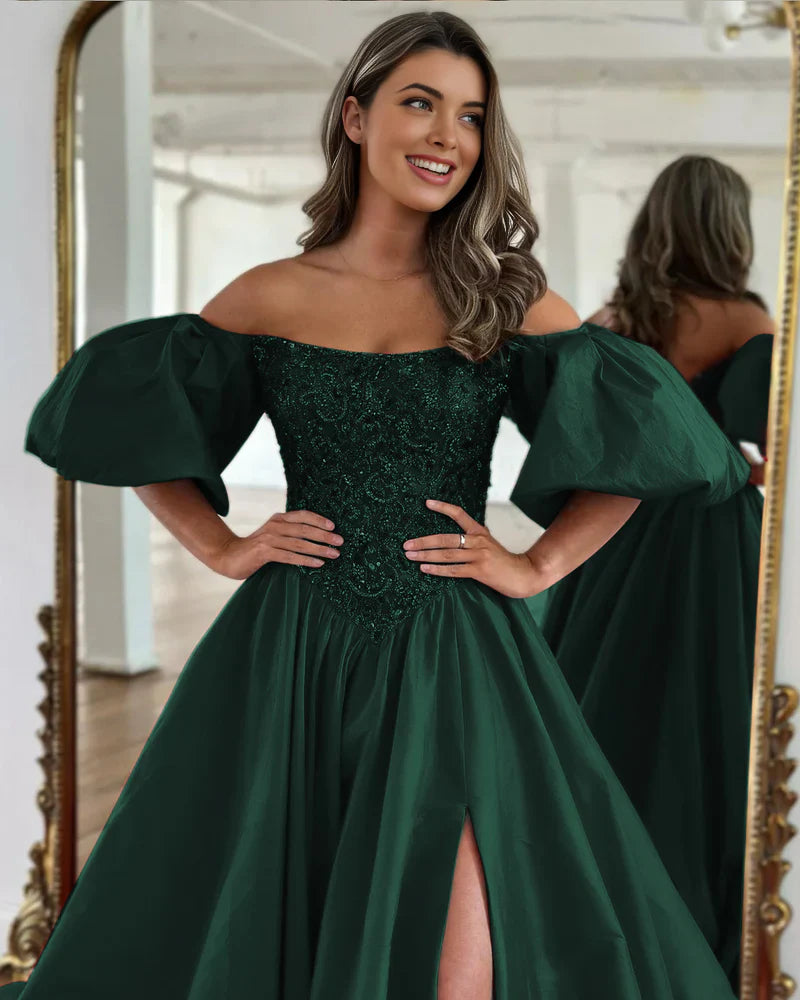 Liana |A-Line Off The Shoulder Taffeta Prom Dress With Short Puffy Sleeves