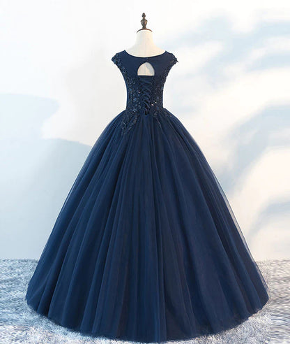 Navy Blue Sleeveless Prom Dress A-Line Lace Printed Evening Dress YH0033