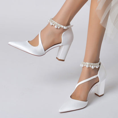 Women's Wedding Shoes White Pearl Block Pointed Toe Buckle Bridal Shoes