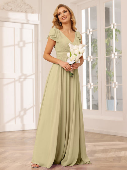 A-Line/Princess V-Neck Short Sleeves Long Bridesmaid Dresses with Ruffles