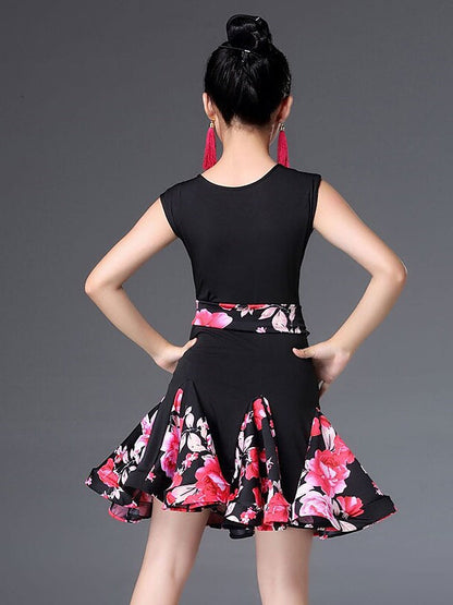 Latin Dance Kids' Dancewear Dress Pattern/Print Ruching Split Joint Sleeveless Nylon Girls' Performance