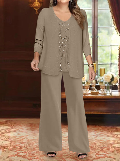 Chiffon V-Neck Floor-Length 3 Pieces Plus Size Mother of the Bride Pantsuits with Jacket & Sequins