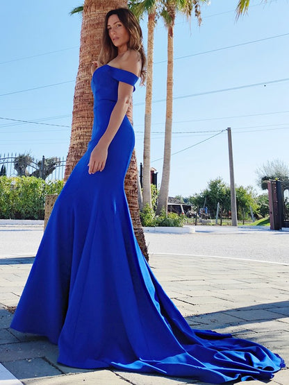 Off-the-Shoulder Royal Blue Mermaid Prom Dress PD0164