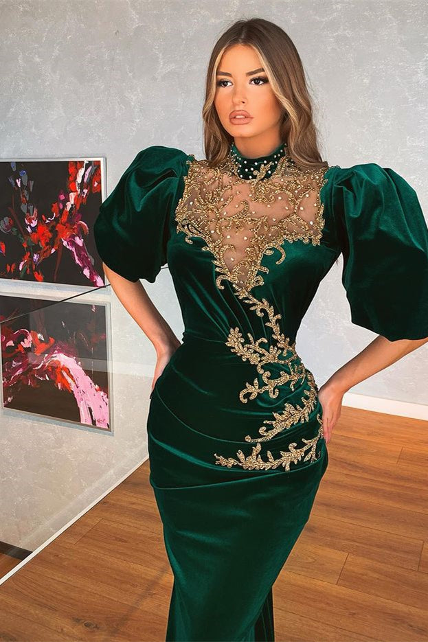 Dark Green Bubble Sleeves Mermaid Prom Dress PD0476