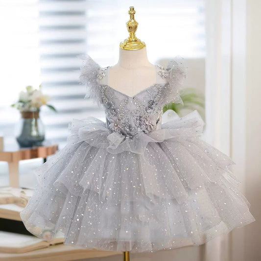 A-Line/Princess Tea-Length Flower Girl Party Dress with Beading Appliques