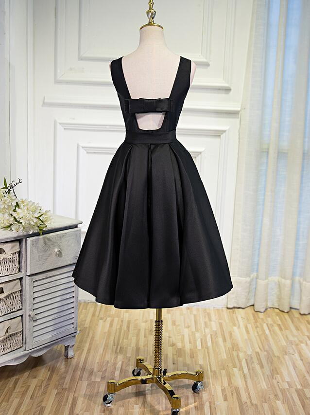 Lovely Simple Black Satin Knee Length Party Dress, Prom Dress gh188