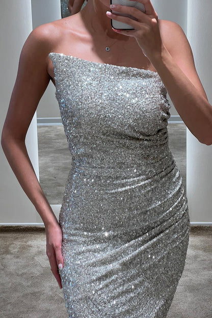 Luxurious Silver Strapless Prom Dress Sliming Sweep Mermaid Dress LY0006