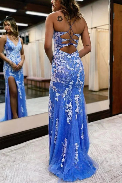 Ainhoa | Glitter Blue Mermaid Lace Long Prom Dress with Slit