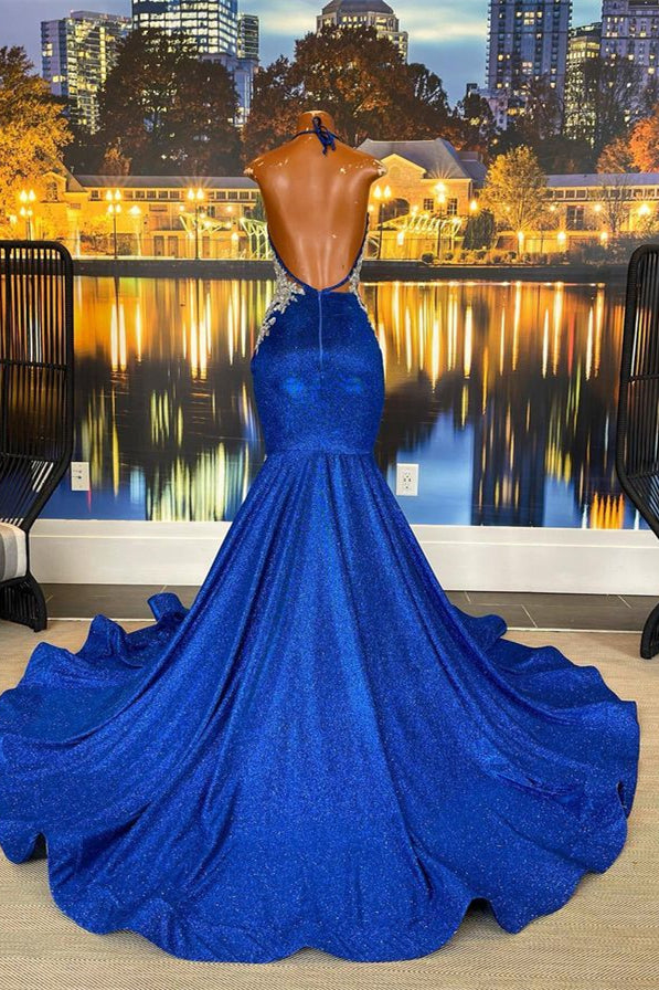 edgynewlook Halter Beautiful Royal Blue Mermaid Prom Dress With Appliques