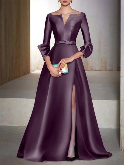 A-Line/Princess Floor-Length Long Sleeves V-Neck Evening Dresses