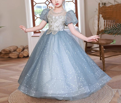 Beading Round Neck Short Sleeves Princess Girl Party Dress with Crystal Appliques