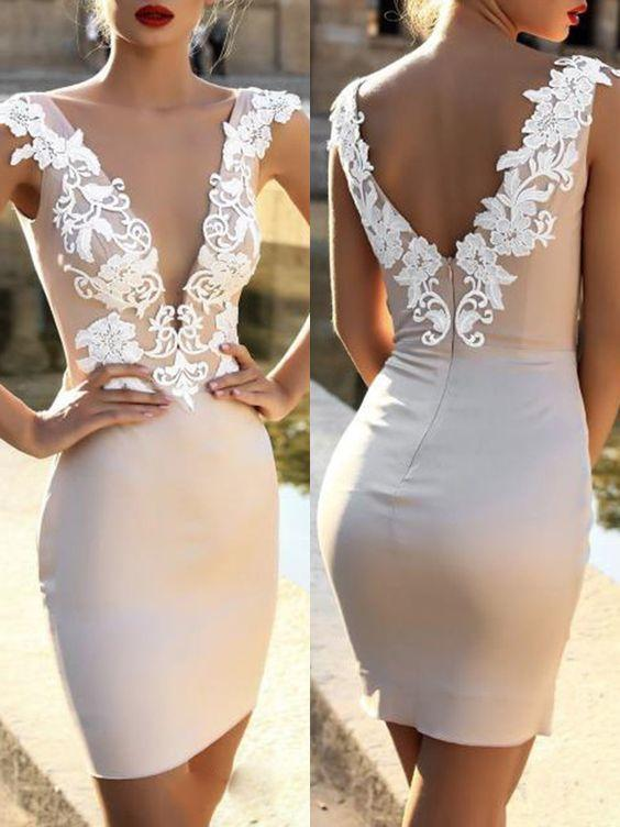 White Patchwork Lace Zipper Backless Bodycon Deep V-neck Elegant Mini Dress Homecoming Dress gh1726