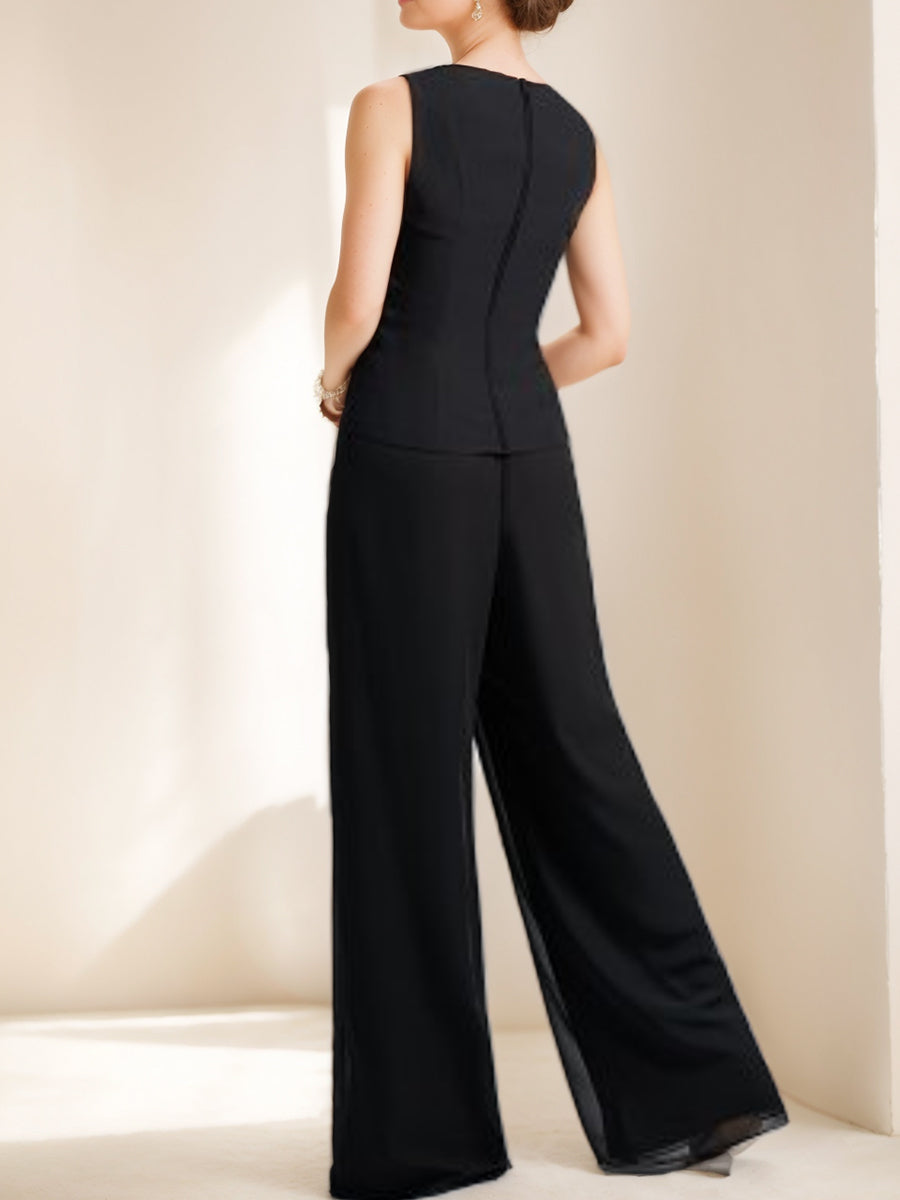 Black Chiffon Scoop 3/4 Sleeves Mother of the Bride Pantsuits with Appliques & Jacket