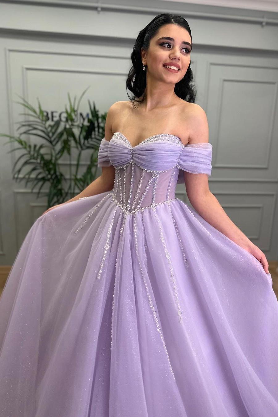 edgynewlook Exquisite Purple Tulle Off the Shoulder Strapless Prom Dress with Rhinestone