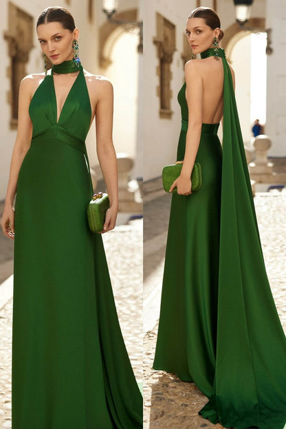 Elegant Green Halter Backless Long Prom Dress ZT0274