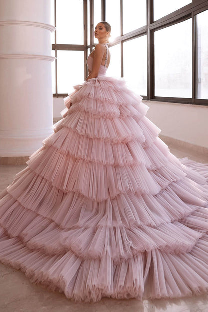 Luxurious Pink Deep V-Neck Sleeveless Prom Dress Tulle Layered With Crystal  ED0231