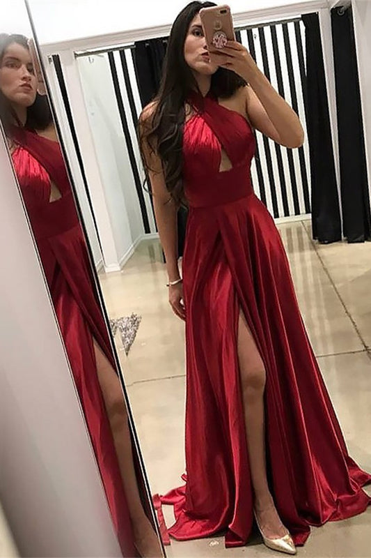 Burgundy Halter Mermaid Prom Dress With Slit PD0220