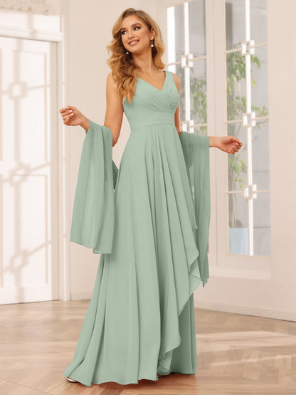 A-Line/Princess V-Neck Sleeveless Floor-Length Asymmetrical Bridesmaid Dresses with Ruffles