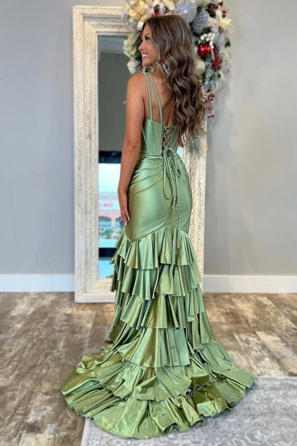 edgynewlook Charming Dusty Sage Satin Spaghtti Strap Sleeveless Long Split Prom Dress with Ruffles