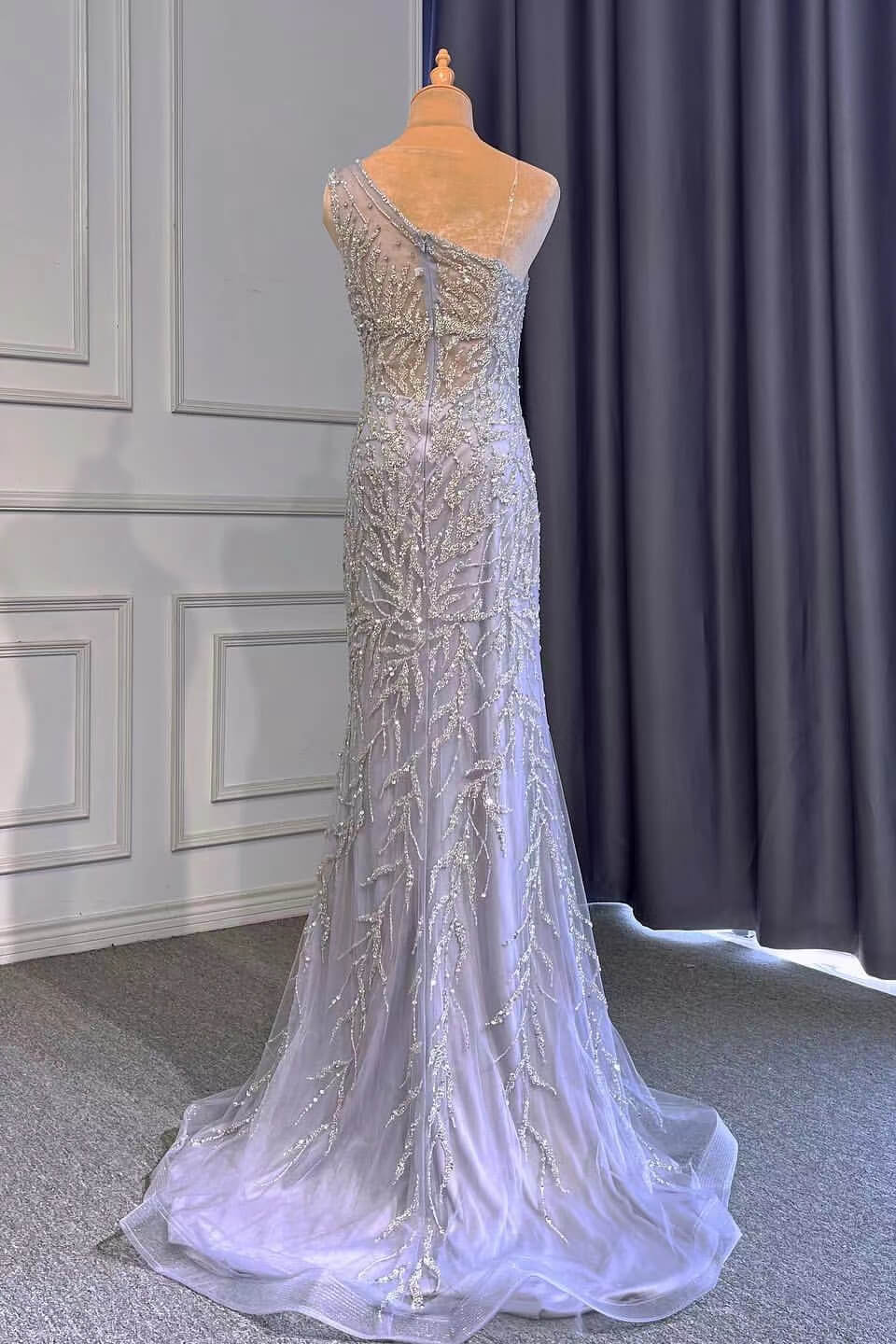 Light Purple Front Split Mermaid Beads One Shoulder Prom Dress With Long Ruffles Appliques ED0173