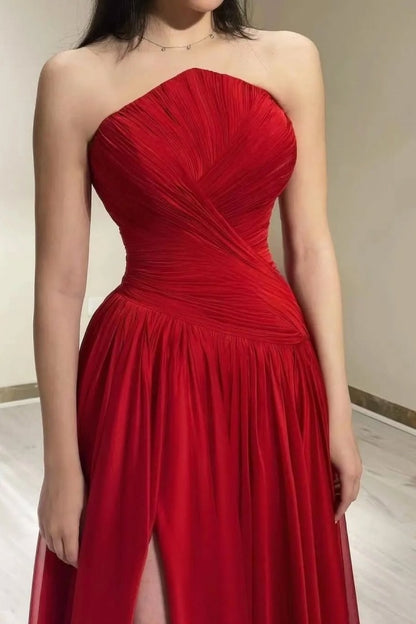 Red Chiffon Strapless Split Prom Dress ZT0508