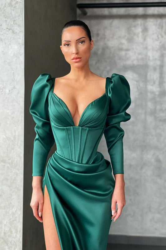 Long Sleeves V-Neck Mermaid Prom Dress With Slit PD0192