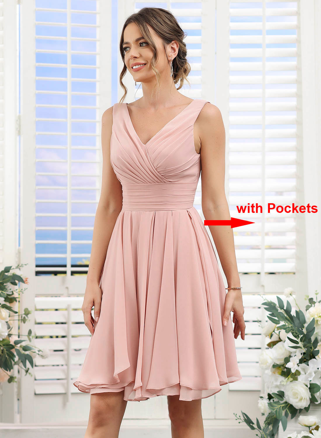 Chic V Neck Sleeveless Homecoming Dress Pleated Party Prom Dress YJ114