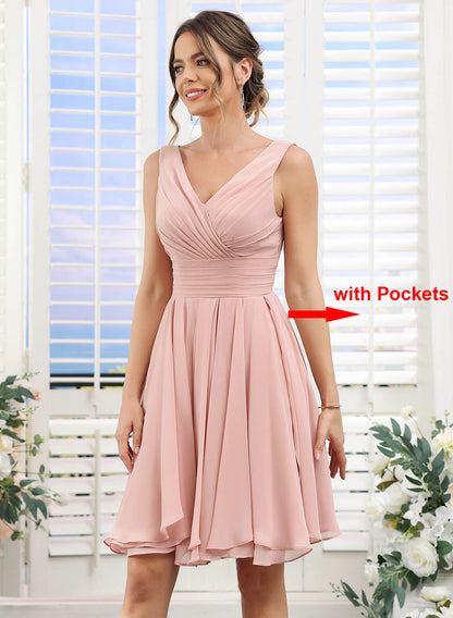 Chic V Neck Sleeveless Homecoming Dress Pleated Party Prom Dress YJ114