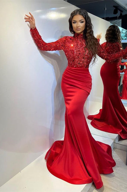 Classic Red Long Mermaid Prom Dress Pleated With Long Sleeves  ED0631