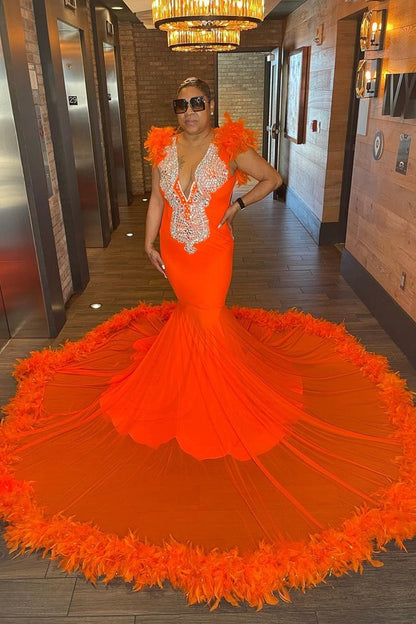 edgynewlook Sleeveless Charming Beads Mermaid Orange Prom Dress Appliques With Feathers